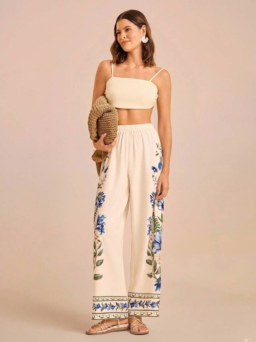 CAJUNI Women's Vacation Apricot Base Blue & Pink Daisy Floral Print, Elastic Waist Straight Leg Pants With Placement Print, Summer Vacation Trousers