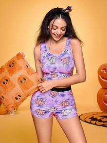 Notgurli Y2K Playful Girl Ghost 扎染印花背心和短裤女式睡衣套装，万圣节 - 彩色 - 查看 5