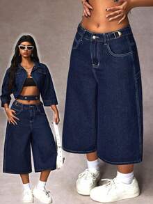 SHEIN ICON Quần jean ống rộng túi xéo dáng rộng mùa hè cỡ lớn - Rửa tối - Xem 1