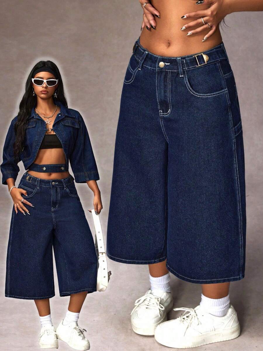 SHEIN ICON Quần jean ống rộng túi xéo dáng rộng mùa hè cỡ lớn - Rửa tối - Xem 1