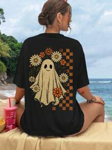 EMERY ROSE 复古花鬼T恤，搞怪万圣节T恤，万圣节T恤，万圣节加大码T恤，适合春夏季 - 黑色 - 查看 2