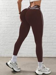 Gameset SHEIN Sport 1 件女式弹力交叉后背无缝侧条纹跑步、健身、瑜伽紧身裤 - 咖啡棕 - 查看 4