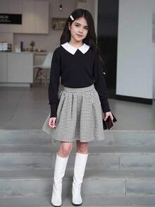 SHEIN Tween Girl Peter Pan Collar Tee & Houndstooth Pleated Skirt - Black - View 3