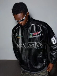 MODCRASH Men's Pu Leather Embroidered Biker Rave Jacket, Boxy Clothing, Streetwear Jacket, Autumn Clothes, Fall, Winter, Winter, Winter - Black - View 1