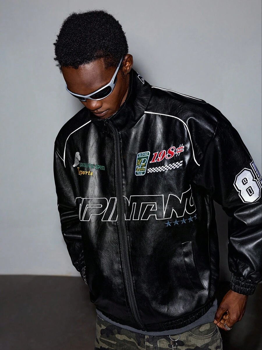 MODCRASH Men's Pu Leather Embroidered Biker Rave Jacket, Boxy Clothing, Streetwear Jacket, Autumn Clothes, Fall, Winter, Winter, Winter - Black - View 1