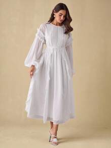 女士优雅纯色灯笼袖连衣裙 - 白色 - 查看 1