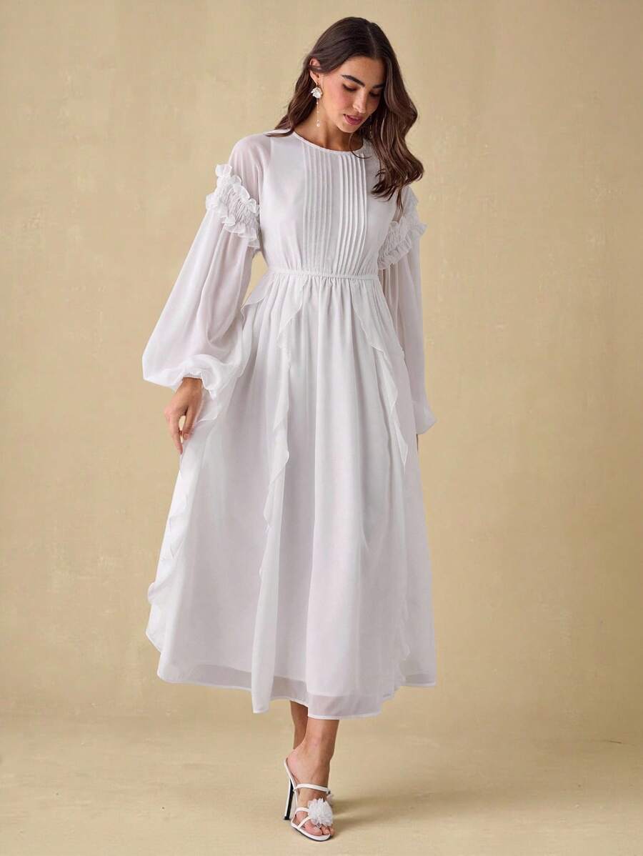女士优雅纯色灯笼袖连衣裙 - 白色 - 查看 1