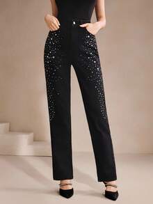 Anewsta Women's Rhinestone Embellished Elegant Black Skinny Jeans, Suitable For Valentine's Day Party - Blue - View 6