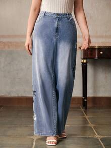 Anewsta 优雅刺绣女式蓝色牛仔裤