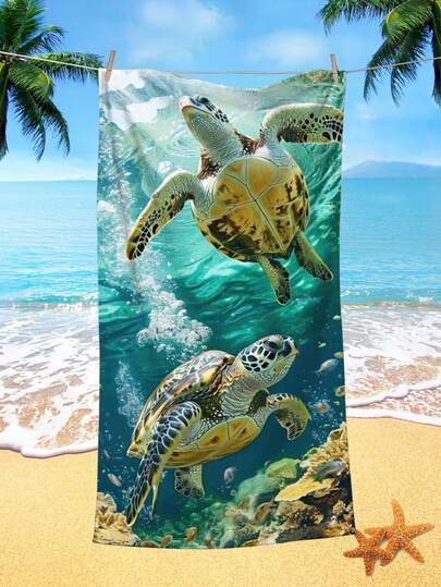 SHEIN 1 件动物海龟印花沙滩巾，超细纤维印花速干超吸水浴巾，适用于游泳、度假、旅行、户外露营夏季旅行、假期浴室装饰海滩必需品