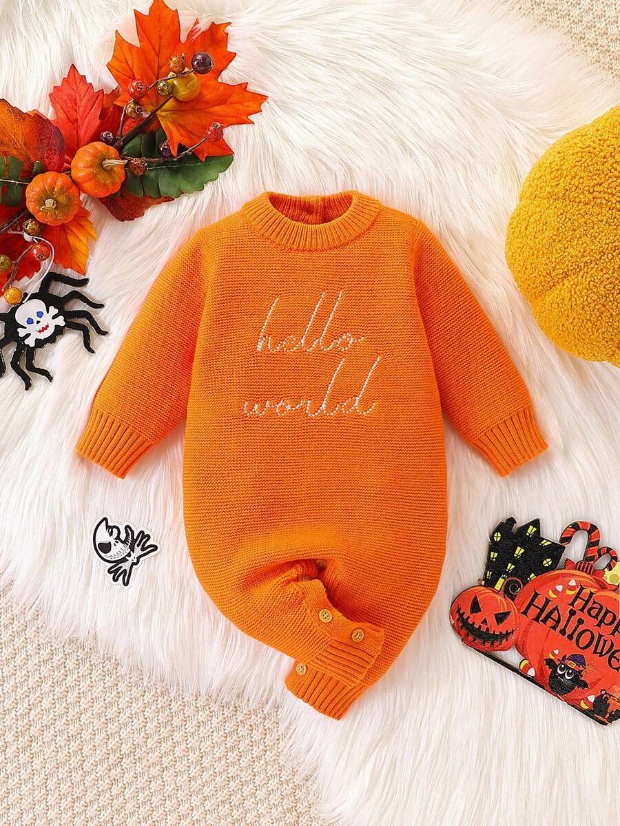 SHEIN 新生女婴万圣节橙色简约字母刺绣连体衣，柔软保暖针织连体衣 - 亮橙色 - 查看 1