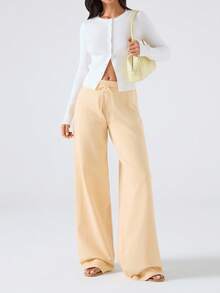 LYSMO Pantalones de punto de pierna ancha de unicolor versátil y casual para mujer - Amarillo - Ver 5
