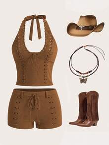 SHEIN ICON Women's Halter Crop Top And Low Waist Shorts Set Brown 2 Pieces Set, Fall Clothes, Concert Outfit - Brown - View 1