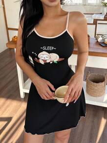 ZzzCrew Cute Sloth Cartoon Print Casual Women Mini Camisole Nightgown