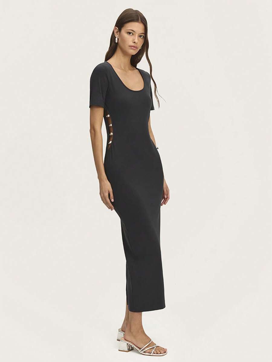 SHEIN Unity Midi Dress V Neck Body With Pearls Detail Sides. Spring Summer - Black - View 1