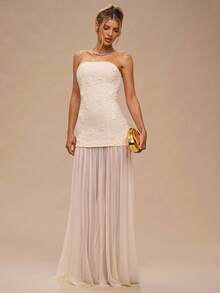 SHEIN BAE 杏色无袖甜心领纹理 3D 刺绣网眼下摆优雅连衣裙，适合优雅场合、生日、伴娘、婚礼宾客 - 杏色 - 查看 1