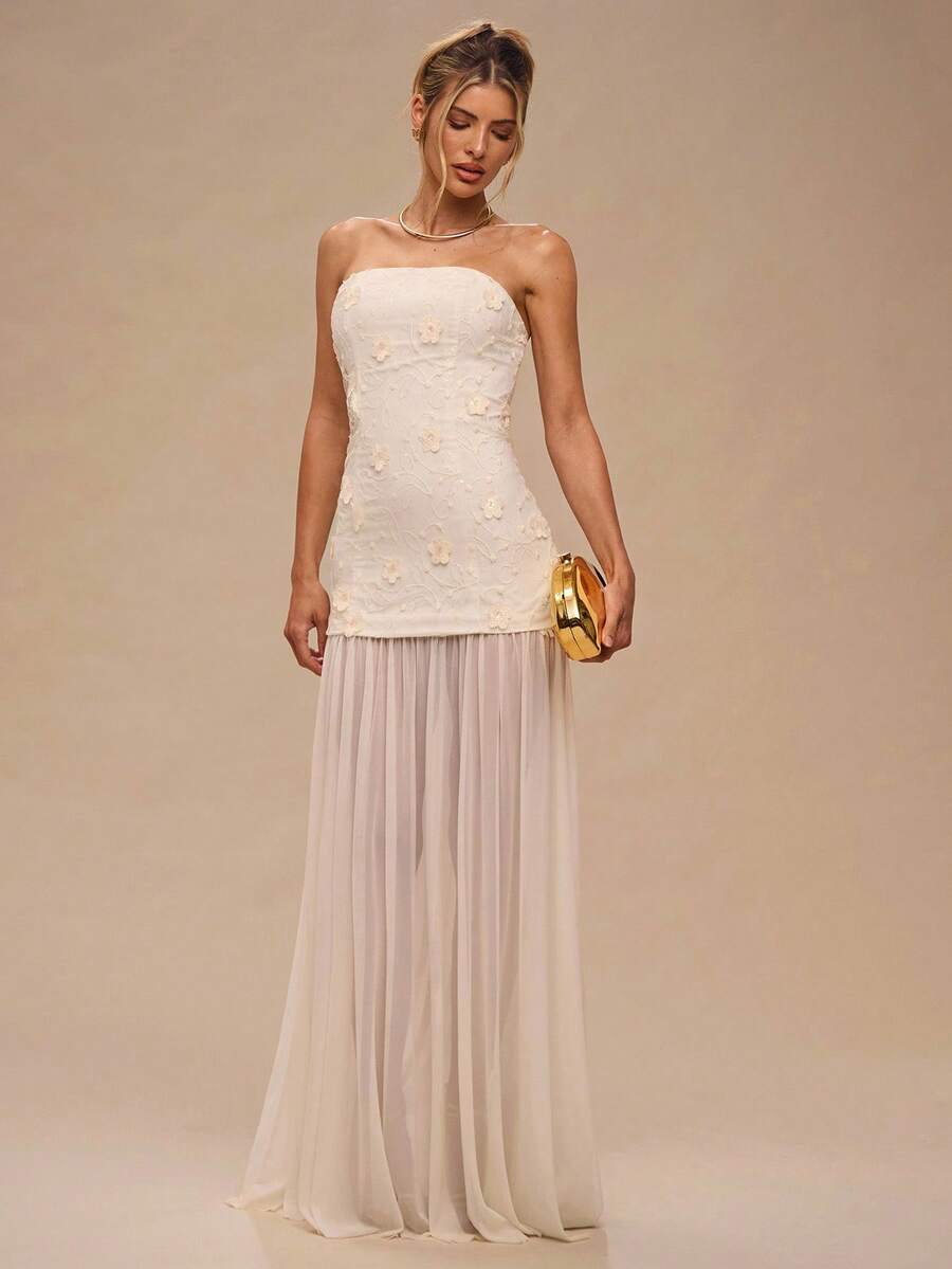 SHEIN BAE 杏色无袖甜心领纹理 3D 刺绣网眼下摆优雅连衣裙，适合优雅场合、生日、伴娘、婚礼宾客 - 杏色 - 查看 1