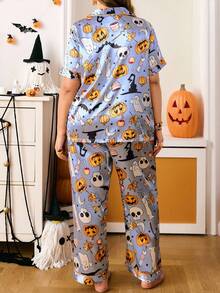 Chillnights Plus Size Halloween Skeleton & Pumpkin Pattern Satin Pajama Set - Multicolor - View 2