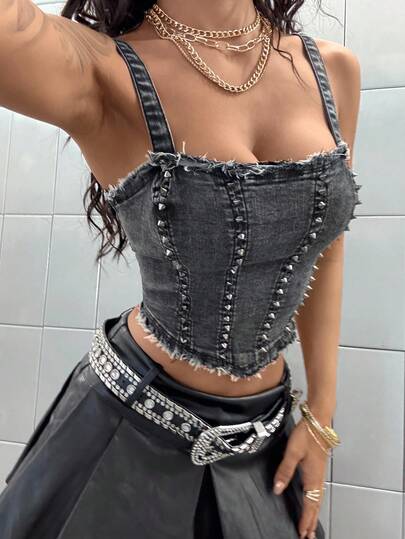 StreetHx 女式铆钉撞色时尚牛仔吊带背心