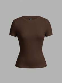 SHEIN EZwear 2pcs/Set Basic Crew Neck Short Sleeve T-Shirts, Black & Brown, Casual & Minimalist, Suitable For Spring/Summer - Multicolor - View 8
