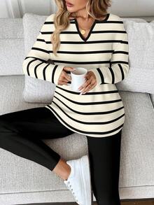 Easowa 2件套女士长袖T恤和打底裤套装，秋冬条纹孕妇衬衫，长袖孕妇上衣，女士孕妇衬衫，秋冬孕妇装，休闲款 - 彩色 - 查看 1