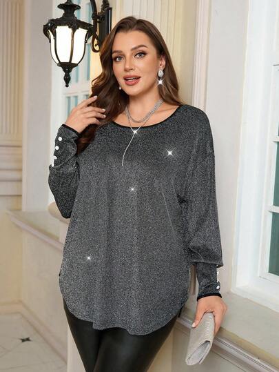 Rosumi Christmas Plus Size Women Winter Casual Elegant Black Silver Long Sleeve Round Neck Button Decoration Sparkly T-Shirt, Autumn/Winter, Party Top, Soft And Comfortable, Night Out, Going Out,2025 New