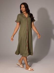 Lazeform 撞色翻领单排扣宽松休闲荷叶边短袖休闲连衣裙，Moo Moo - 橄欖綠 - 查看 3