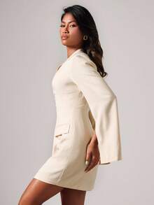 COSMINA Women's Solid Color V-Neck Elegant Commuter Long Sleeve Mini Dress Blazer Dress Work Dress Business Casual Dress - Apricot - View 6