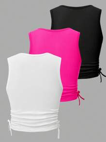 SHEIN Explorewe Tween Girls Solid Color Round Neck Side Tie Design Camisole Layering Tops, Multi-Pack - Multicolor - View 6