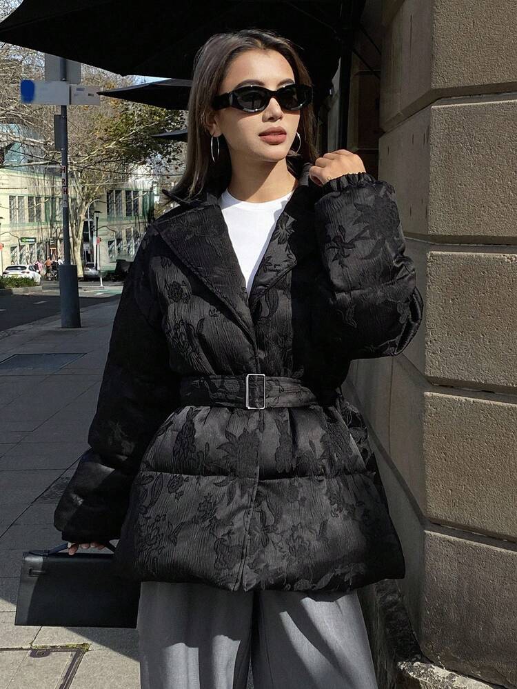 Women's Solid Color Jacquard Fabric Loose Long Sleeve Lapel Belt Casual Elegant Thick Padded Jacket, Autumn/Winter Women Coats