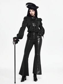ROMWE EDITION Asymmetrical PU Bat Collar Loose Goth Blouse For Women, Suitable For Halloween - Black - View 9