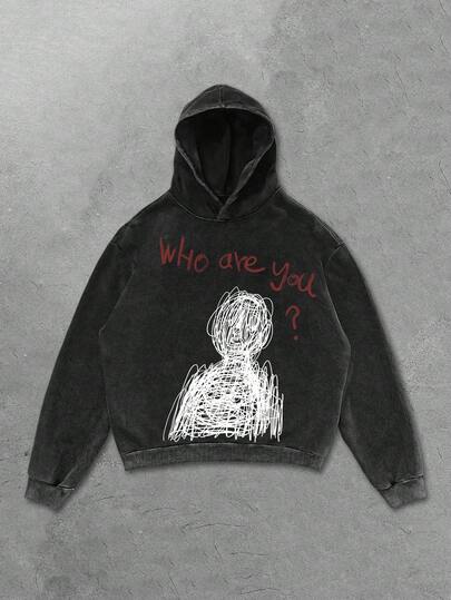 ROMWE MEN Street Life 休闲图案印花设计品牌黑色雪花连帽卫衣，男士款，无口袋，秋季款，长袖上衣