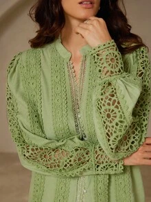 Aveloria Rosie Romantic French Style Lace Patchwork Women Blouse, V-Neck Lantern Sleeve Hollow Embroidered Long Sleeve Shirt Fall Cloth For Women