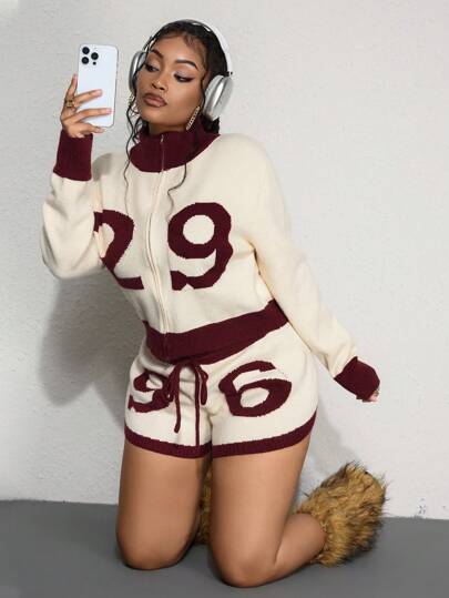 Street Life Conjunto de suéter de punto con letras retro Y2K de talla grande