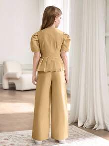Elladie kids 2pcs/Set Girls' Puff Sleeve Top With Oblique Button And Pleated Hem, Paired With Straight Leg Wide Pants Suit - Khaki - View 2