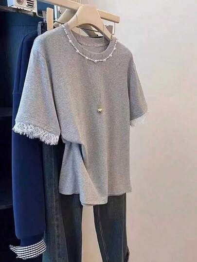 Kadın Kısa Kollu Düz Renk Yuvarlak Yaka Tişört, Yaz İçin Moda