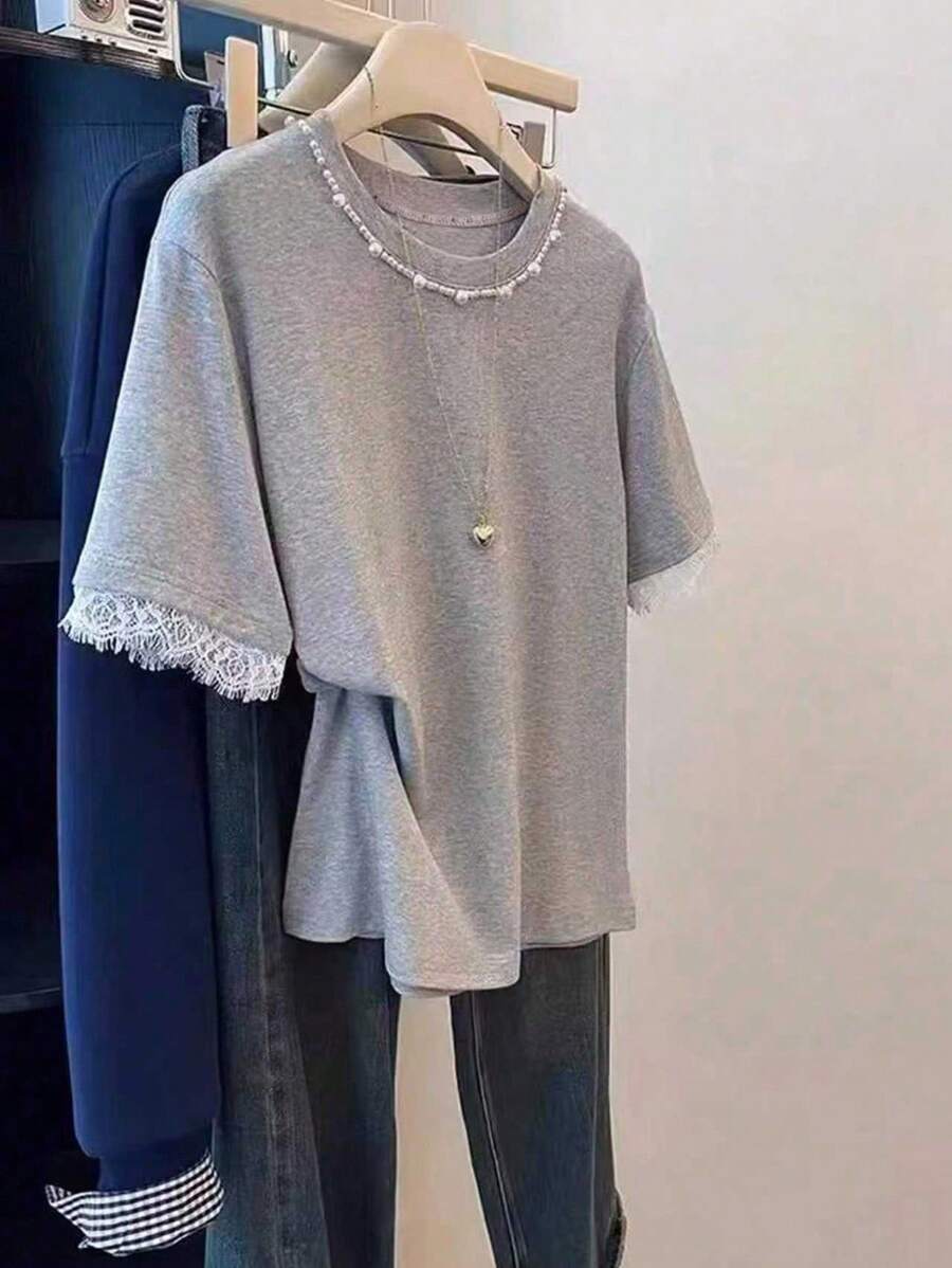 Women Short Sleeve Solid Color Round Neck T-Shirt, Fashionable For Summer - Grey - View 1