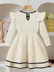 1 chiếc váy dệt kim jacquard dài tay cổ tròn màu mơ tối giản cho bé gái, thời trang & thanh lịch đa năng, thích hợp cho bé gái từ 4-7 tuổi mặc ngoài trời, chụp ảnh, v.v. - Màu be - Xem 2