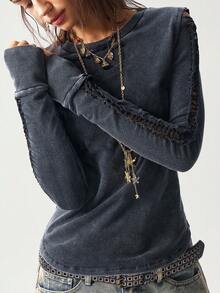 Bohemela 秋季大码休闲镂空圆领水洗长袖T恤 - 黑色 - 查看 2