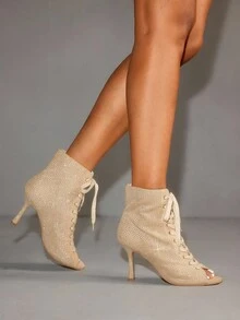 CUCCOO SZL Apricot Suede Rhinestone Embellished Fashionable Casual Round Toe Ankle Boots - Apricot - View 5