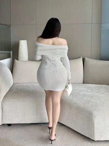 Flirla 大码复古法式蝴蝶结装饰露肩纹理紧身针织连衣裙，秋冬 - 白色 - 查看 4
