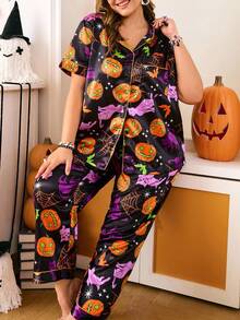 Chillnights Plus Size Halloween Cat & Pumpkin Print Pajama Set, For Halloween Party - Multicolor - View 3