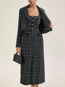 BELROSIE Conjunto de traje de tweed estilo británico, chaqueta blazer corta y falda larga, conjunto de 2 piezas - Negro - Ver 6