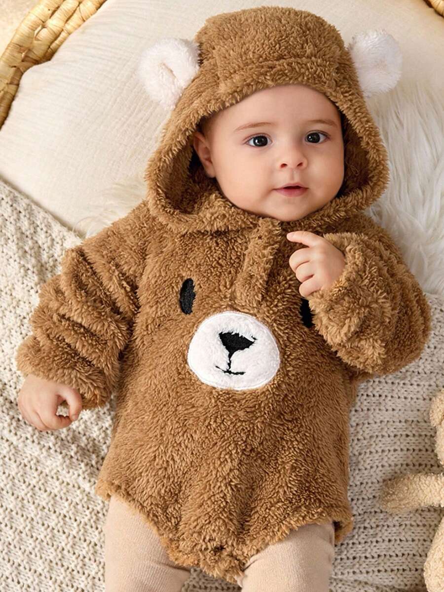Cozy Pixies Newborn Baby Boy Cartoon Bear Ear Hooded Long Sleeve Bodysuit, Thick Thermal Lining - Brown - View 1