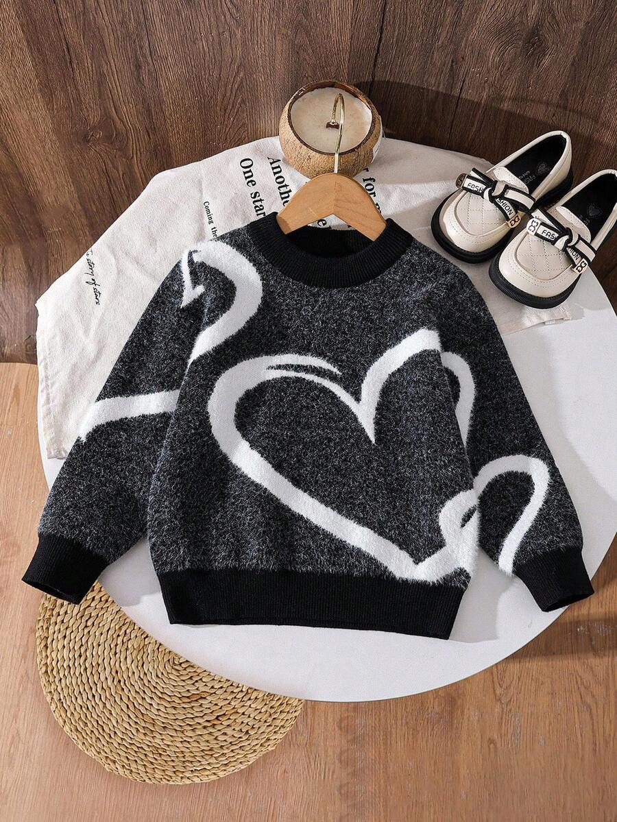 Young Girls' Autumn/Winter Cool Knit Sweaters - Fuzzy Jacquard, Slouchy-Chic, Loose Round Neck, Versatile Outerwear - Black - View 1