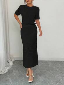 SHEIN Elenzya 2025新款法式白色镂空短袖上衣+半裙两件套，春季 - 黑色 - 查看 5