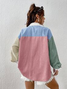 SHEIN EZwear 女款休閒日常對比色拼接基本款夾克 秋冬寬鬆版型鈕扣開襟襯衫外套 - 彩色 - 查看 2