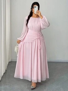 Elenzga 大码女式优雅、浪漫、甜美休闲圆领长袖雪纺飘逸长裙，春秋季 - 粉色 - 查看 4