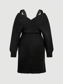 SHEIN MOD 秋冬大码女式撞色蕾丝露肩长袖优雅针织连衣裙 - 黑色 - 查看 6