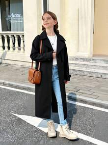 SHEIN Serisse Kids 青少年女孩编织休闲百搭时尚腰带翻领蝴蝶结口袋宽松长款风衣，休闲军装风格，通勤和户外，返校，母子装 - 黑色 - 查看 11